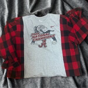 Upcycled Roll Tide Tee with Flannel Plaid Sleeves